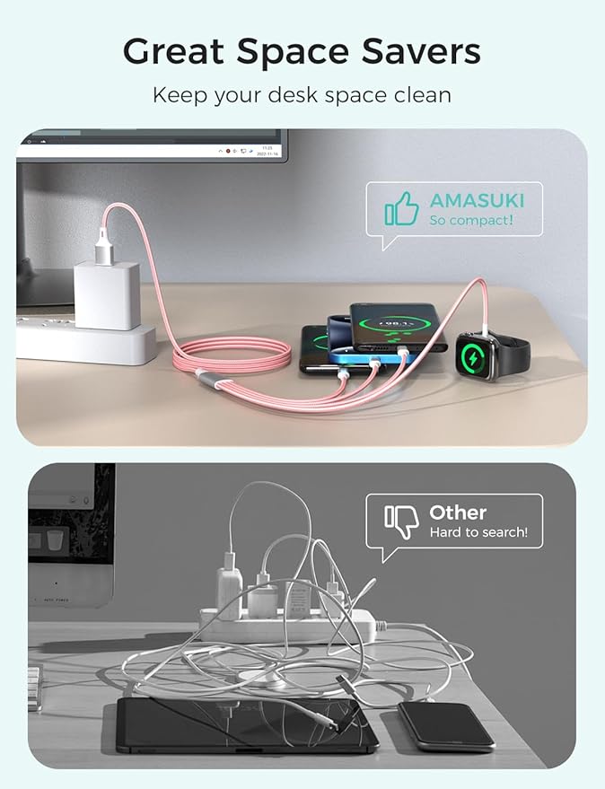 2Pack Travel Essentials Multi Charging Cable for Watch Charger 4 in 1 Fast Charger Camping Essentials USB C/L/Micro Compatible with Watch Series 10-1/SE/Ultra Phone 16 15/Galaxy Android-4FT/Pink