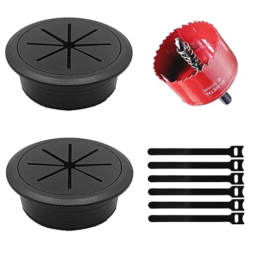 2 Pack Desk Grommet 2 Inch (50 mm), Desk Hole Cover for Cables, Black Desk Cord Hole Cover for Office Home Table, Cable Grommet with 1 Hole Saw Drill Attachment & 6 Cable Ties