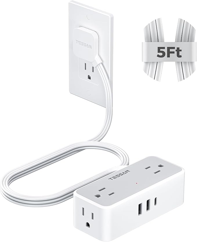 TESSAN Flat Plug Extension Cord 5 FT, Surge Protector Power Strip with 4 AC Outlets 1 USB C and 2 USB A Ports, 900 Joules Protection, Multiple Wall Outlet Extender Suitable for Home Office Dorm