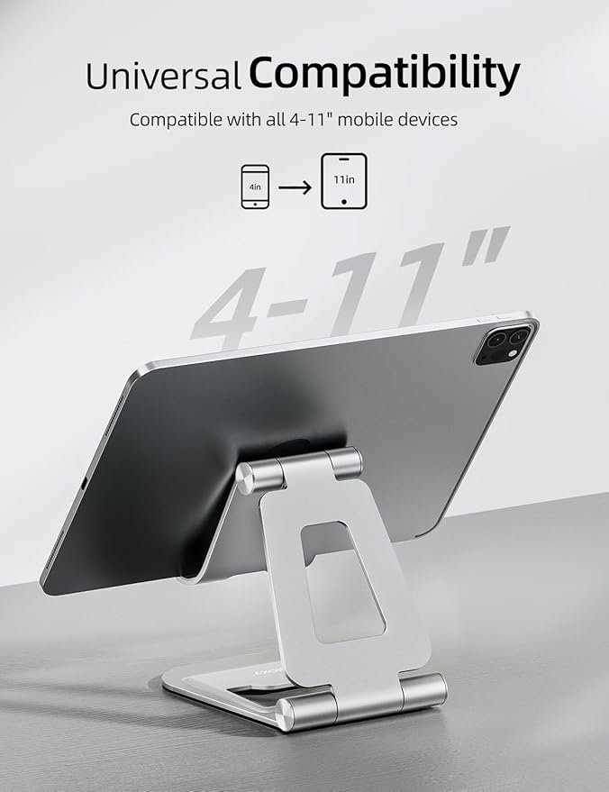 Nulaxy Aluminum Dual Foldable iPad Stand, Fully Adjustable Desktop Tablet Holder, Tablet Accessories for Office Kindle Compatible with Mobile Devices iPad Pro/Air/Mini, iPhone Pro/Max/Plus, Silver