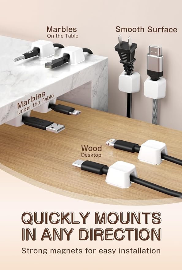 Maveek Magnetic Cable Clips, 5 Pack Square Cord Organizer with Magnets and Metal Plates, Silicone Cable Holders for USB C, HDMI, Ethernet, Charging Cords – Desk, Wall, Office & Car Use (White)