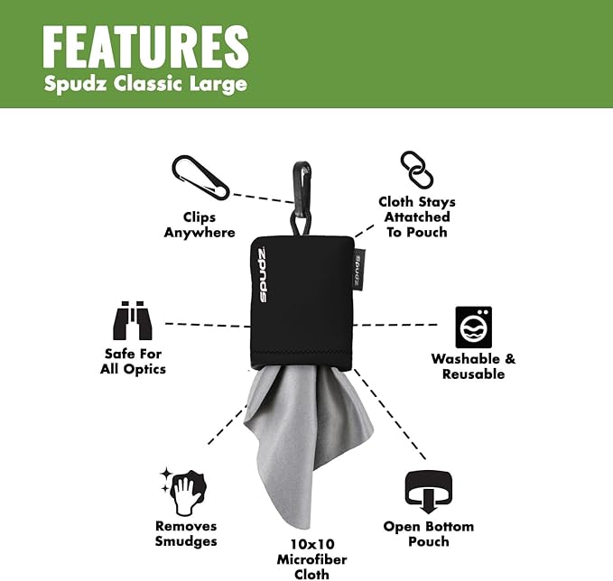SPUDZ Classic Microfiber Lens Cleaner – Clip-On Pouch, Washable – for Binoculars, Scopes, Glasses, Screens | Avocado, 10 x 10 Inch