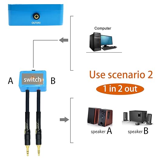 5ft Sound Channel swicher 1/8" aux Input 3.5mm Female to 2X 3.5 Output Switch Selector 2 in 1 Out R/L Stereo Audio 1 in 2 Out Stereo Audio Splitter with Phone pc Player
