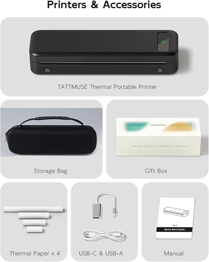 Portable Printers Wireless for Travel, Bluetooth Inkless Thermal Printer Support 8.5" X 11" US Letter, Mobile Printer for Phone Laptop, with Case and 4 Rolls Thermal Paper Kit, for Home Office Receipt
