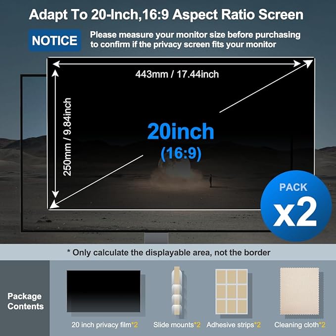 [2-Pack] 20 Inch Privacy Screen for Monitor Computer Screen Privacy Filter for 16:9 Widescreen Monitor Desktop PC Monitor Privacy Film Monitor Privacy Shield and Anti-Glare Protector