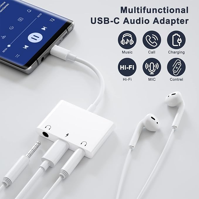 Headphone Adapter for iPad, Headphone Splitter for 2 Headphones,3 in 1 USB C to 3.5mm Jack Audio Adapter with 60W Fast Charging Compatible with S24/23 Ultra.