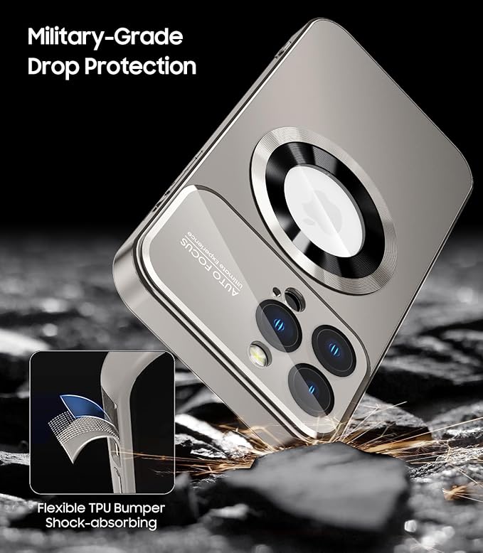 Magnetic for iPhone 13 Pro Max Case, Compatible with MagSafe, Built-in Camera Lens Protector, Logo View, Military Grade Drop Proof Phone Case Cover, Titanium Gray