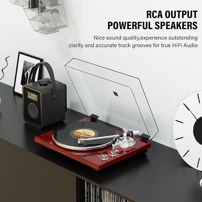 Belt Drive Turntable for Vinyl Record Player,Connect with Bluetooth Speakers or Active Speaker,Built-in Phono Pre-amp,USB Digital Output, Magnetic Cartridge,High-Gloss Wood Design(Red)