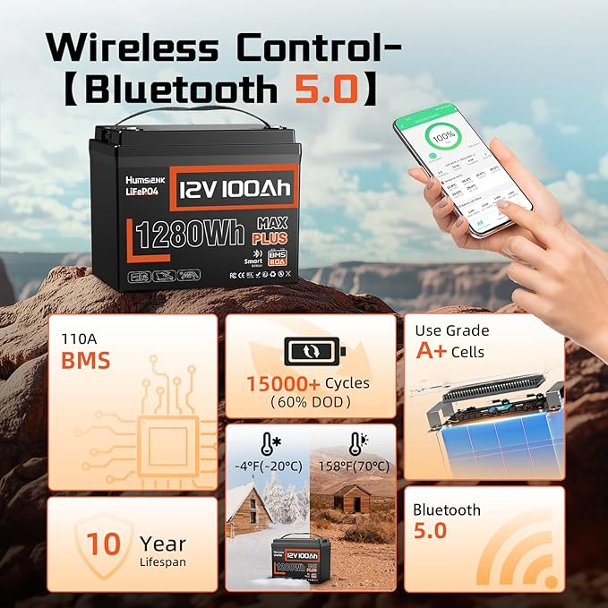 12V 100Ah LiFePO4 Lithium Battery MAX PLUS, Built-in 110A BMS & Bluetooth 5.0 APP, 15000+ Deep Cycles Lithium Batteries, Max. 1280Wh, 10-Year Lifespan for RV, Marine, Trolling Motors