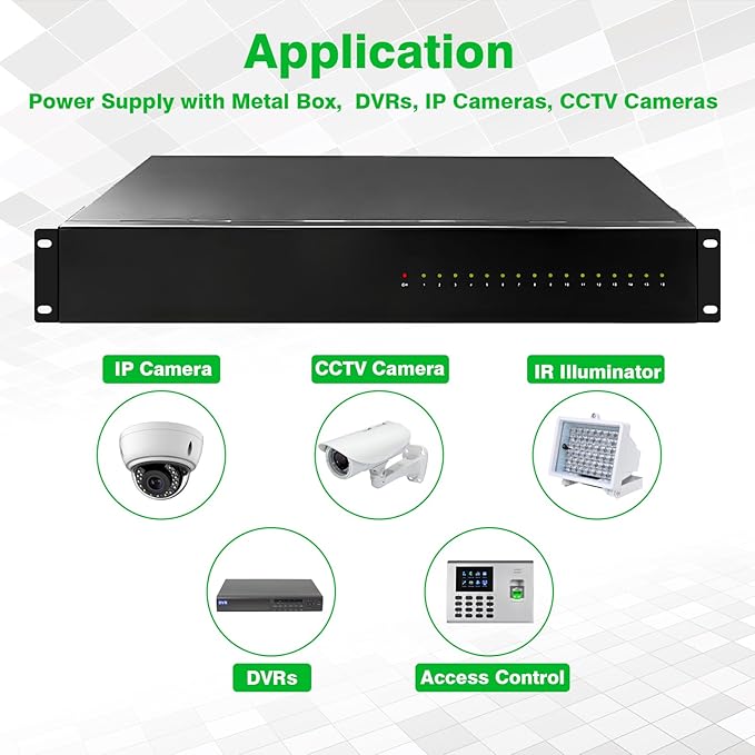 DC 16 Channel VBR CCTV 12V 20A Distributed Power Supply Rack Mount, PTC Reset Fuse,（UPS） Uninterruptible Power Supply System Function，Adjustable Output Voltage，for Security Cameras, DVR，NVR