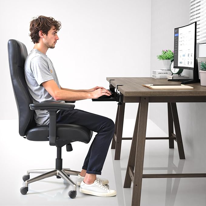 Ergonomic Keyboard Tray Under Desk Pull Out with Adjustable C-Clamp Mount, Slide-Out Computer Keyboard and Mouse Platform Drawer for Office and Home Typing (Black)