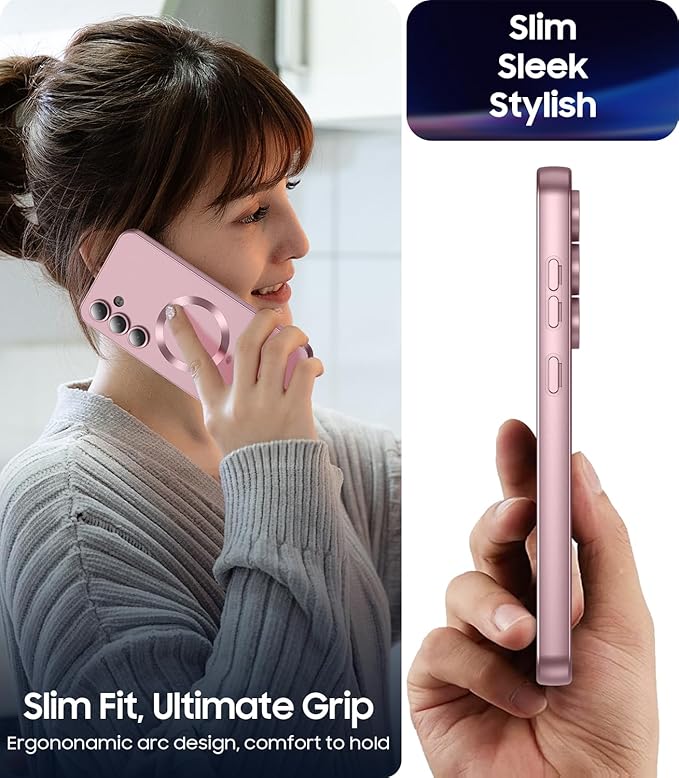 Magnetic for Samsung Galaxy S25 Plus Case [Compatible with MagSafe][Built-in Camera Lens Protector] Slim Soft Silicone Bumper Shockproof Metallic Luster Phone Shell (Rose Gold)