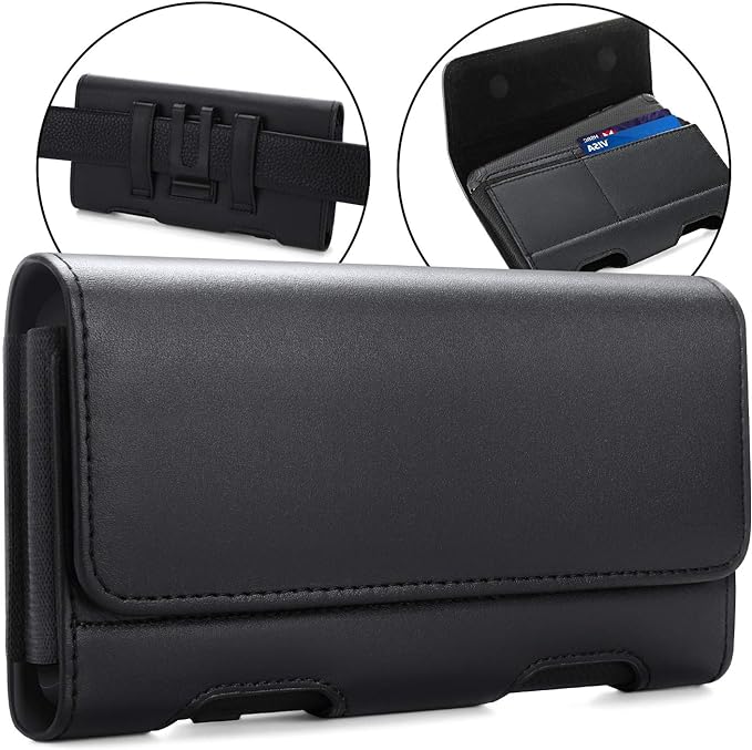 BECPLT Leather Holster Pouch with ID Card Holder, Belt Clip Case for iPhone 13 Mini, 12 Mini, 8, 7, 6s, 6, Galaxy S10e (Fit with Thin Case on)