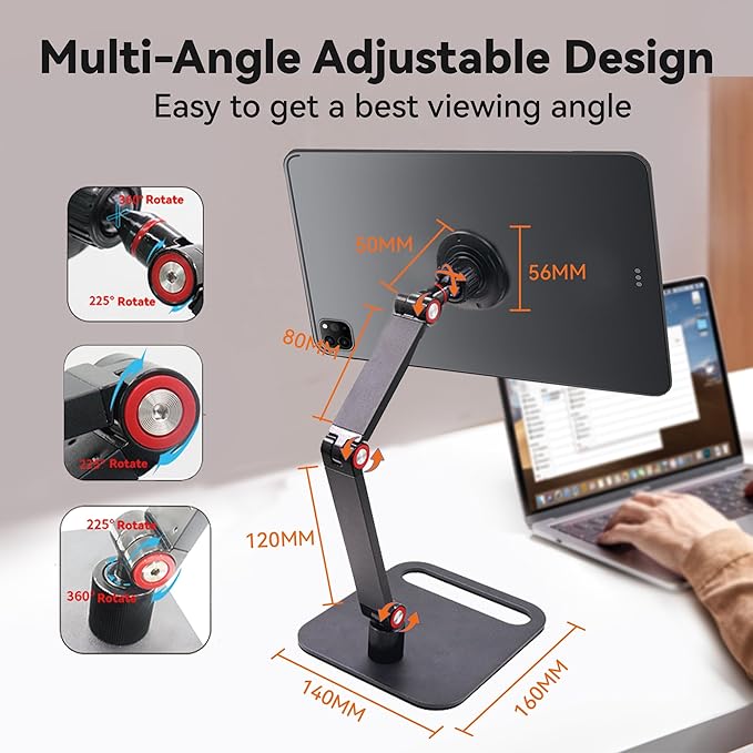RENYUSKY iPad Stand Tablet Holder Portable Monitor Mount Adjustable for Desk Bed Home Office Magnetic Accessories, for 16" iPad Pro 12.9, Air/Mini, Samsung Galaxy Tabs Z Fold Kindle Fire