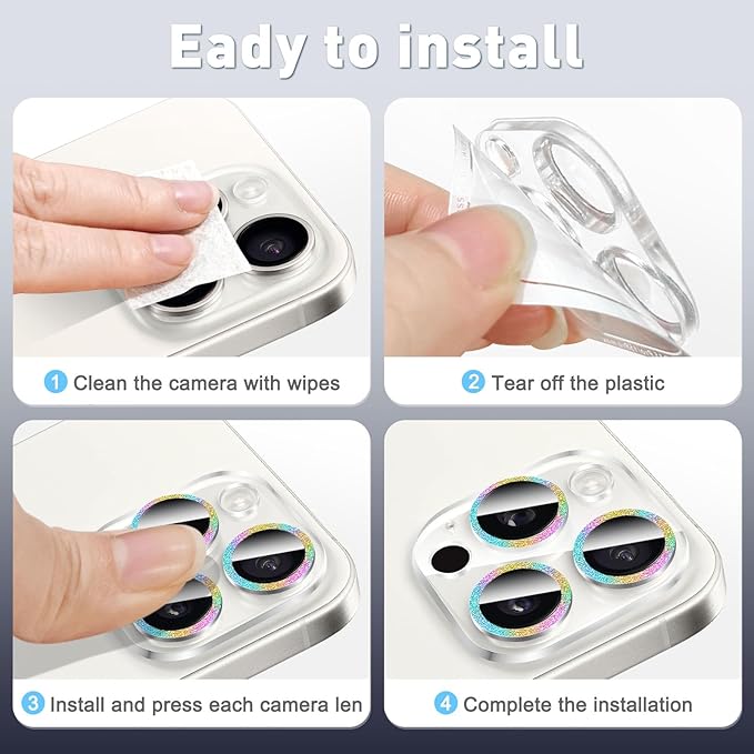 LucBuy 3PCS Sparkling Camera Lens Protector for iPhone 15/iPhone15 Plus, Full Clear Acrylic Cover with Shiny Colorful Glitter Designed Decoration Back Camera Protector