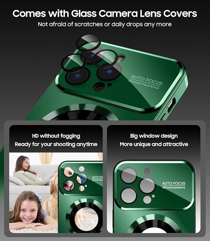 Magnetic for iPhone 14 Pro Max Case, Compatible with MagSafe, Built-in Camera Lens Protector, Logo View, Military Grade Drop Proof Phone Case Cover, Green