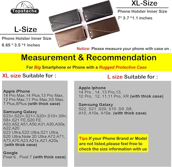 Topstache Leather Phone Holster with Belt Loop, Magnetic Closure Cell Pouch, Handmade Leather Holder for iPhone 14 Pro Max (Fits with Otterbox Case), XL, Black