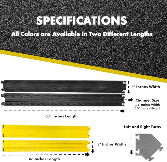 Kable Kontrol Drop Over Floor Cord Cover – 36” Inch Long 1 Channel Cable or Wire Protector – 60 Pcs Bulk Pack - Rubber Ramp for Indoor and Outdoor Use – Black