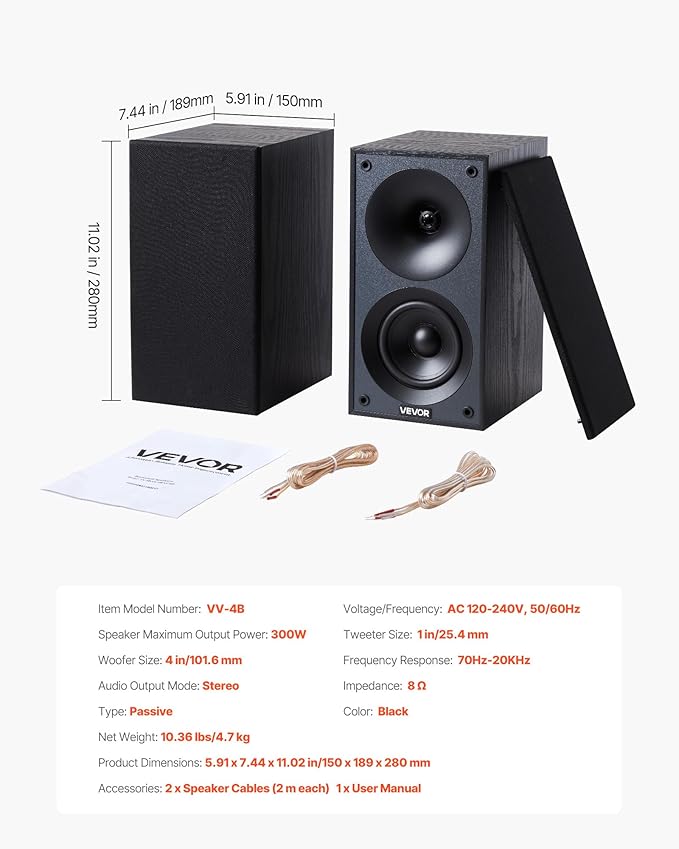 VEVOR Passive Bookshelf Speaker, 300W, Book Shelf Stereo Speakers with 4-Inch Woofer and 1-Inch Tweeter, Detachable Grille, 70Hz-20KHz Frequency Response, Wooden Enclosure, for Home Theater (1 Pair)