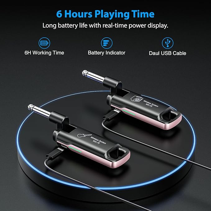 LEKATO Wireless Guitar System UHF Wireless Guitar Transmitter Receiver Rechargeable Audio Bass Cable with 70 Channels for Bass Electric Instruments(Pink)