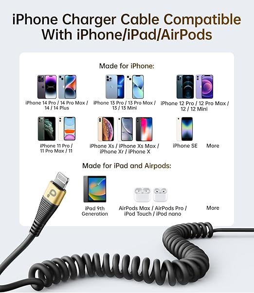 Short iPhone Charger Cable for Car, 2 Pack 3FT Coiled Lightning Cable [Apple MFi Certified] iPhone Charger Cord Compatible with iPhone 14/13/12/11 Pro Max/XS MAX/XR/XS/8/iPad/iPod/CarPlay-Gold