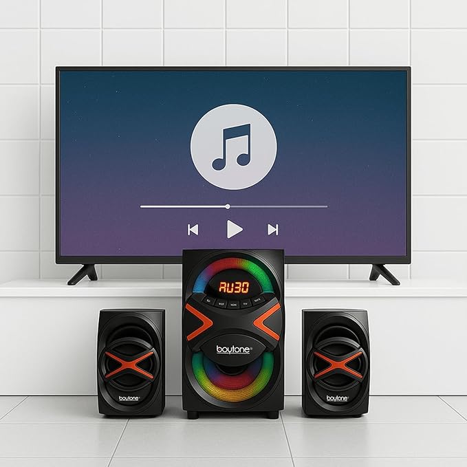 Boytone BT-326F, 2.1 Bluetooth Powerful Home Theater Speaker System, with FM Radio, SD USB Ports, Digital Playback, 40 Watts, Disco Lights, Full Function Remote Control, for Smartphone, Tablet., Black