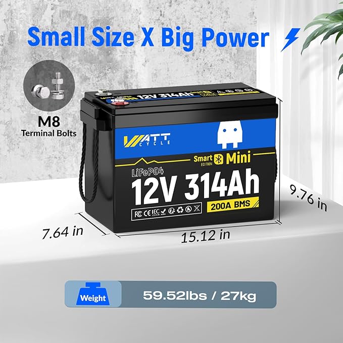 Mini LiFePO4 Lithium Battery 12V 314Ah 2 Pack Built-in 200A BMS & Bluetooth, 4.01kWh Energy, Perfect for Off-Grid, RV, Solar System, Camper, Travel Trailer