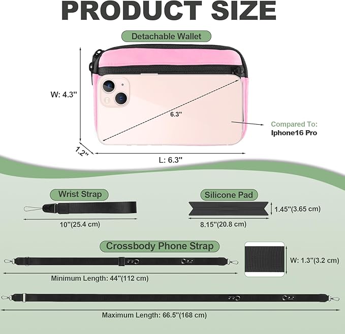 Clip and Go Strap for Phone with Wallet Crossbody, Adjustable Phone Lanyard with Detachable RFID Wristlet Wallet & Ultra-Thin 360° Rotatable Metal Tabs for All Smartphones (Pink)