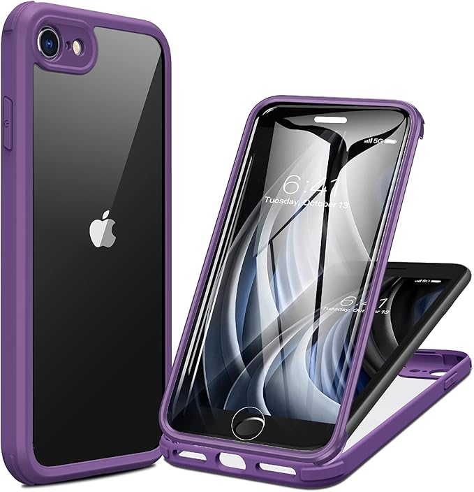 Miracase for iPhone SE Phone Case 3rd/2nd Generation 2022 2020 Full-Body with Built-in Glass Screen Protector, Heavy Duty 360° Protective Shockproof Bumper Cover for iPhone 8/SE, Purple