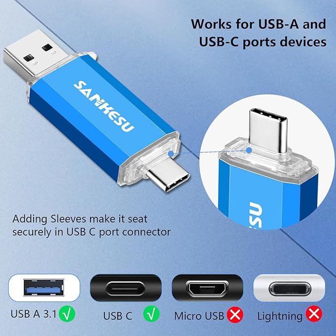 64GB 3.0 USB C Flash Drive, USB-A & Type-C OTG Thumb Stick, Dual Memory Sticks Compatible with PC/Laptop/Type C Cell Phone and Tablet (Silver/Blue)