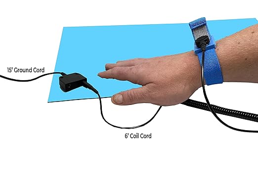 RubberStat Dual Layer ESD Compliant Workstation Rubber Table Mat Kit, Soldering, Cell Phone Repair, with Wrist Strap Set and Ground Cord - 48"x60" Blue