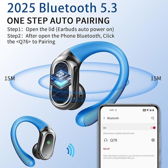 Wireless Earbuds, 2025 Bluetooth 5.4 Headphones Sport, Bluetooth Earbuds with ENC Noise Canceling Mic, 50H Stereo Wireless Headphones IP7 Waterproof with Earhooks, Dual LED Display for Workout/Running
