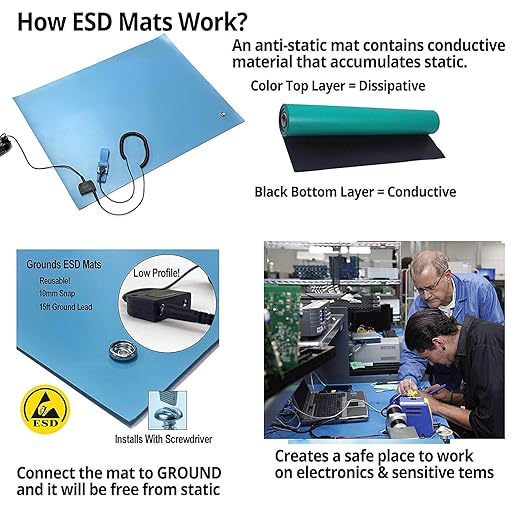 RubberStat Dual Layer ESD Compliant Workstation Rubber Table Mat Kit, Soldering, Cell Phone Repair - 48"x120" Green