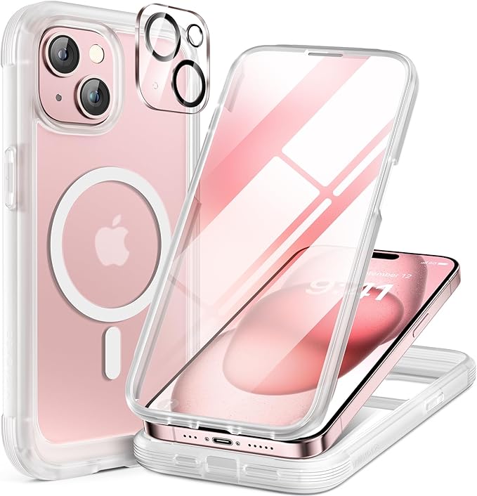 Miracase Magnetic for iPhone 15 Plus Case 6.7'' [Compatible with Magsafe] Full-Body 15 Plus Phone Case Cover with Built-in 9H Tempered Glass Screen Protector,Magnetic Frosted Clear