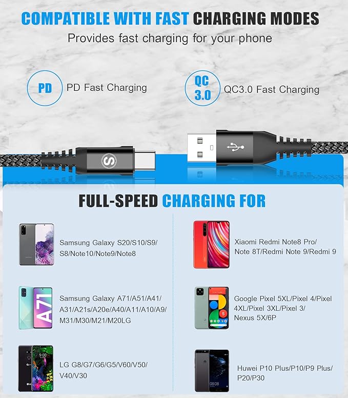 sweguard USB Type C Charger Cable [3-Pack,10ft+6.6ft+3.3ft] iPhone 16 Charger Nylon Braided Cord for iPhone 16 15 Pro Max Plus Samsung Galaxy S24 S23 S22 S21 S20 S10 Note 20 10 A54 Pixel LG Moto PS5