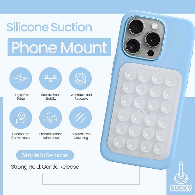 SUCKY Silicone Suction Phone Case Adhesive Octo Cup Buddy Mount - Anti-Slip Holder, Hands-Free Phone Accessory for iPhone & Android - Sticky Grip for Selfies, Videos - Clear