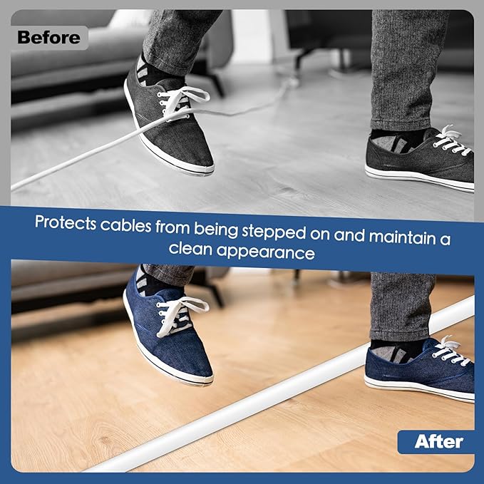 Floor Cord Cover for Wires on Floor Self Adhesive Cord Hider Floor Cable Management Wire Covers for Cords Protector Prevent Cable Trips Cord Cavity W 0.47" x H 0.27", White, 20Ft