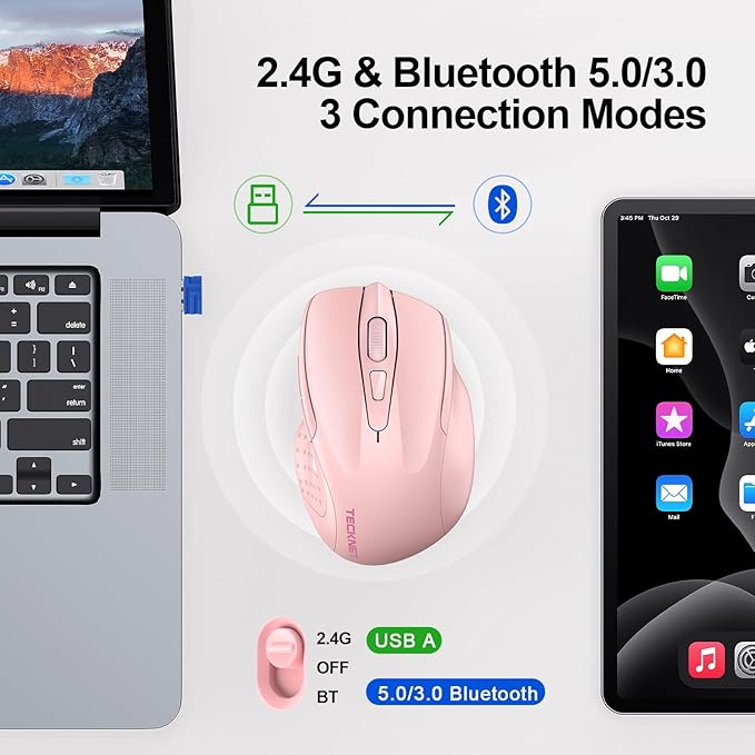 TECKNET Wireless Mouse (2.4G & BT5.0/3.0) Silent 4800 DPI Computer USB A & Bluetooth Mouse 6 Buttons, Wide Compatibility - Pink