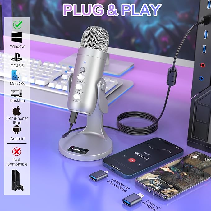 ZealSound USB Microphone, Condenser Computer PC Mic, Plug&Play Gaming - Image 2