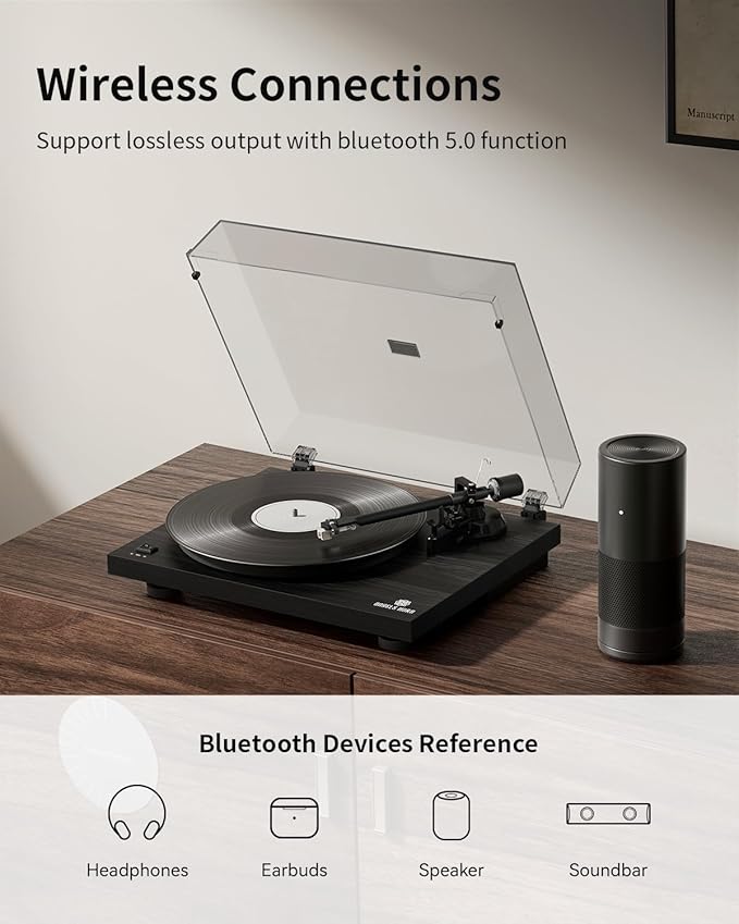 ANGELS HORN High Fidelity Vinyl Record Player, Bluetooth Turntable, 2 Speed Belt Drive, Built-in Preamp, Adjustable Counterweight,Magnetic Cartridge (Black)