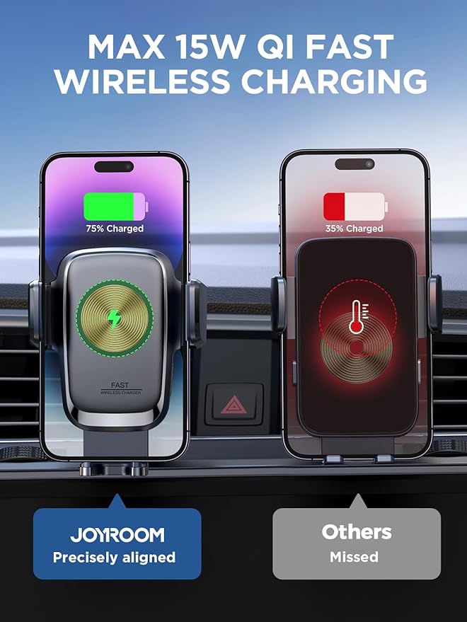 Wireless Car Charger, 15W Qi Fast Charging Auto Clamping Car Charger Phone Holder Mount, JOYROOM Cell Phone Holder Car Mount for iPhone 16 15 14 13 Pro Max Xs, Galaxy S24 Ultra, LG, Google