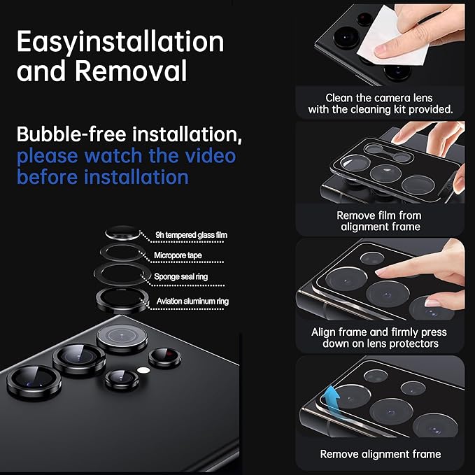 For Samsung Galaxy S24 Ultra Camera Lens Protector, Individual Lens Protector, Ultra HD 9H Tempered Glass Screen Protective Cover, Anti-scratch, Military Grade Drop Protection 2 Set. (Glitter Black, S24 Ultra)