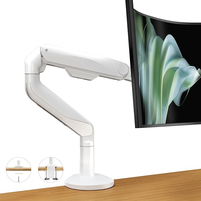 Ultrawide Single Monitor Mount, Adjustable Gas Spring Monitor Arm for 17 to 49 inch Screens, 75/100 Vesa Mount with C-Clamp and Grommet Base, White