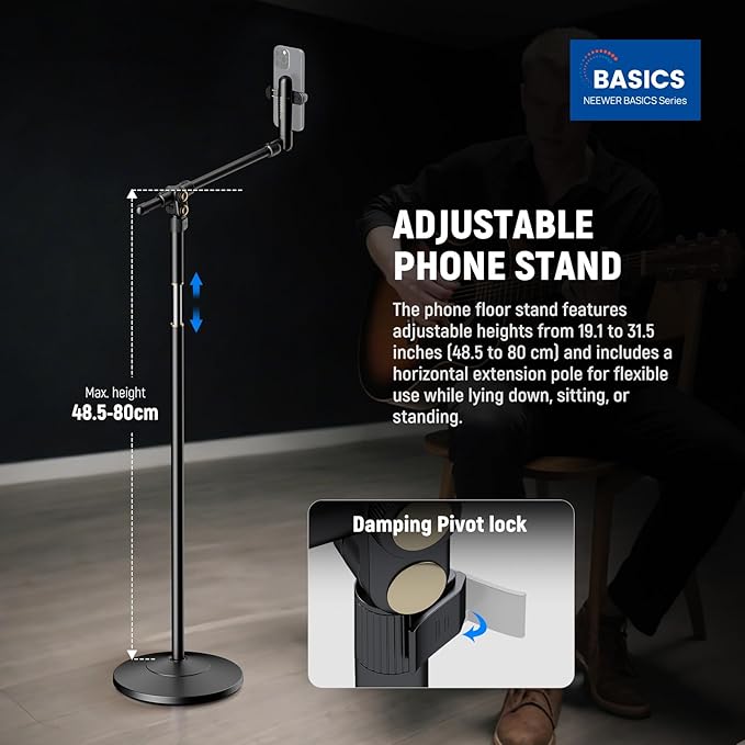 NEEWER BASICS Phone Floor Stand with Horizontal Extension Arm, Adjustable Bed Phone Holder Clamp Mount Compatible with iPhone 16 15 Pro Max Plus Samsung for Video Recording, Weighted Metal Base, ST009