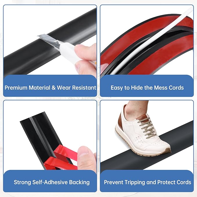 Floor Cord Cover Self Adhesive Cord Hider Floor Extension Cord Covers for Floor Power Cord Protector Cable Management Prevent Cable Trips Cable Cavity 0.32" W x 0.32" H (Black, 10Ft)