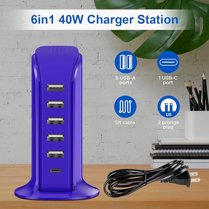 iPhone Charger Fast Charging Upoy, Multi Device USB Charging Station, 6 Ports USB Blocks, Power Adapter 1 USB C + 5 USB A Ports, Kawaii Electronics Accessories, Essentials for Travel, Vacation, Home