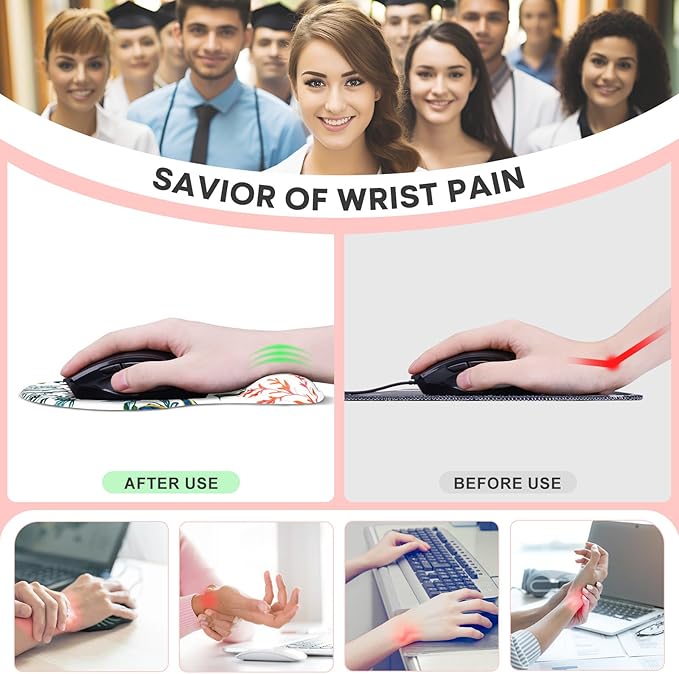 JIKIOU Mouse Pad, 2 Pack Ergonomic Mouse Pads with Comfortable Gel Wrist Rest Support and Smooth Cloth, Non-Slip PU Base for Easy Typing Pain Relief Durable and Easy to Clean Small White Flowers
