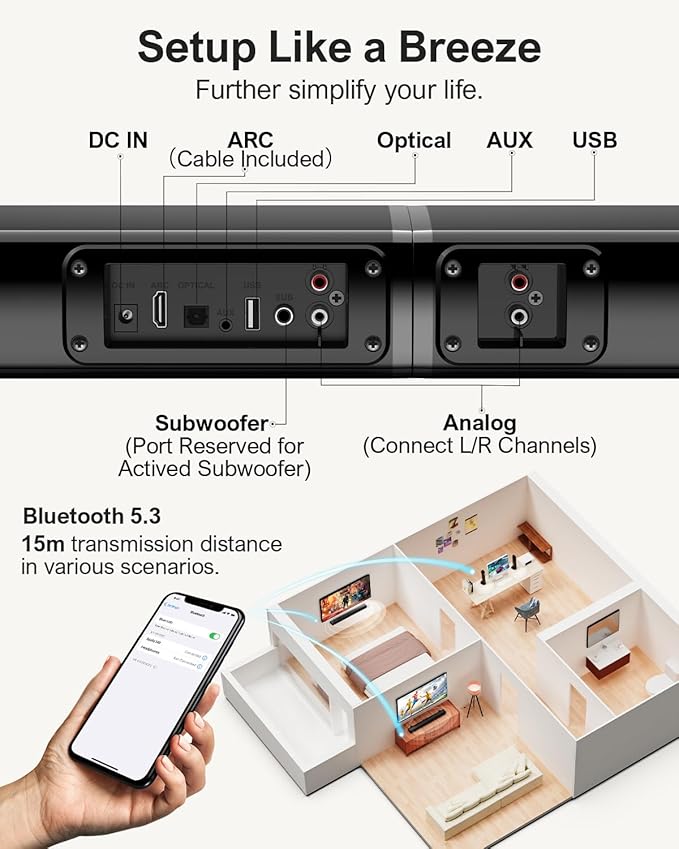 ULTIMEA 2.2ch Sound Bar for TV, Peak Power 100W, 2-in-1 Detachable Bluetooth 5.3 Soundbar for TV, 3 EQ Modes, Bass Adjustable for TV Speakers, App, ARC/Optical/Aux/Wall Mount, Apollo S40