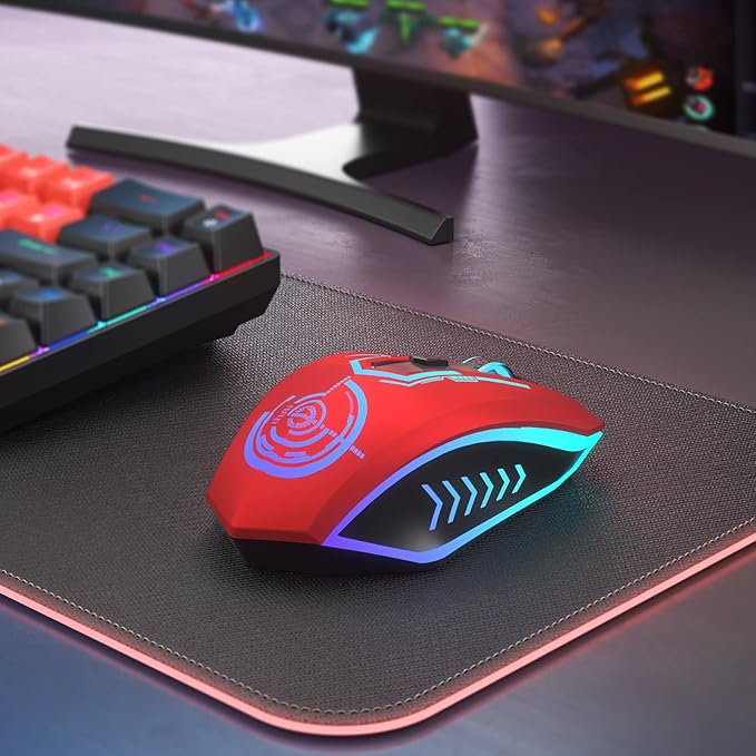 UHURU Gaming Mouse, Wireless Gaming Mouse with 6 Buttons 7 Changeable LED Color up to 10000 DPI, Rechargeable USB Gamer Mouse for PC Laptop (Red)