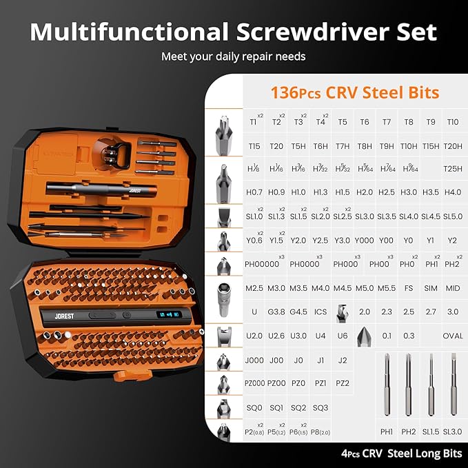 JOREST 155 in 1 Mini Electric Screwdriver Cordless, Precision Power Screwdriver Set, 5 Torque Levels (Max 0.75N.m), Gifts for Men, Magnetic Repair Tool Kit for iPhone, PC, Laptop, PS4 PS5, Xbox, Watch